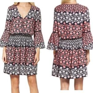 Eliza J Dress Navy Pink Floral V Neck Bell Sleeve Smocked Waist 3/4 Sleeve 12